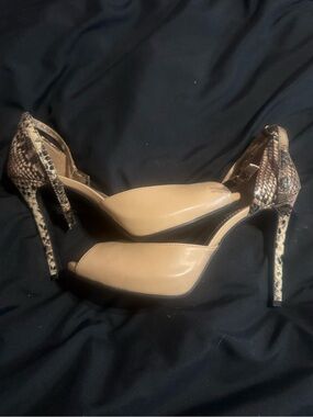 BCBGeneration Beige Peep-Toe Heels with Snakeskin Accents